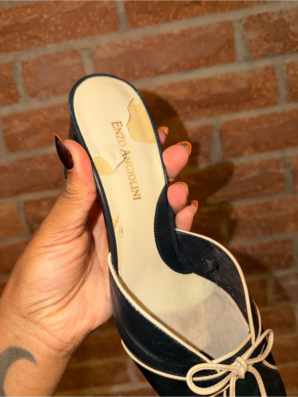 Enzo Angiolini Navy Leather Bow-Trim Block Heel Mules - Picture 5 of 7